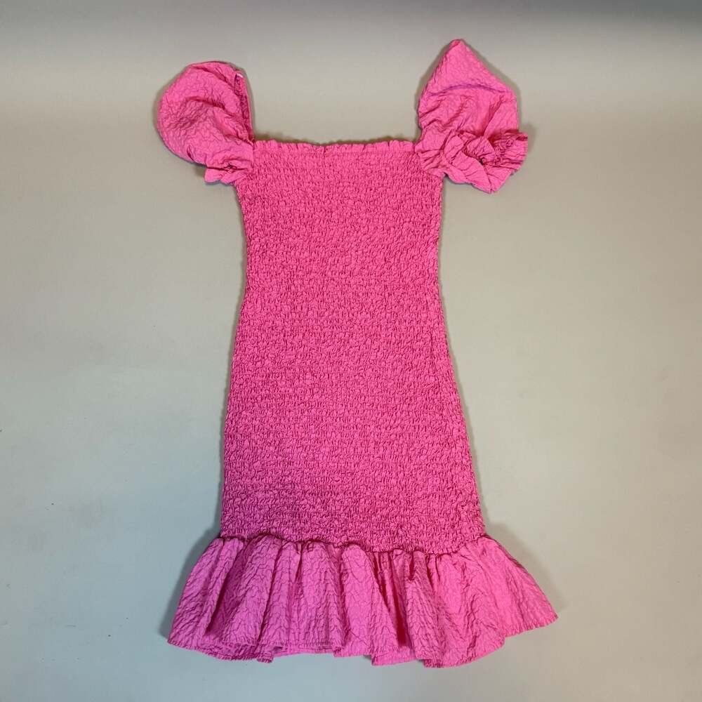 Zara Women’s Pink Smocked Mini Dress Size XS Puff Sleeve Ruffle Hem
